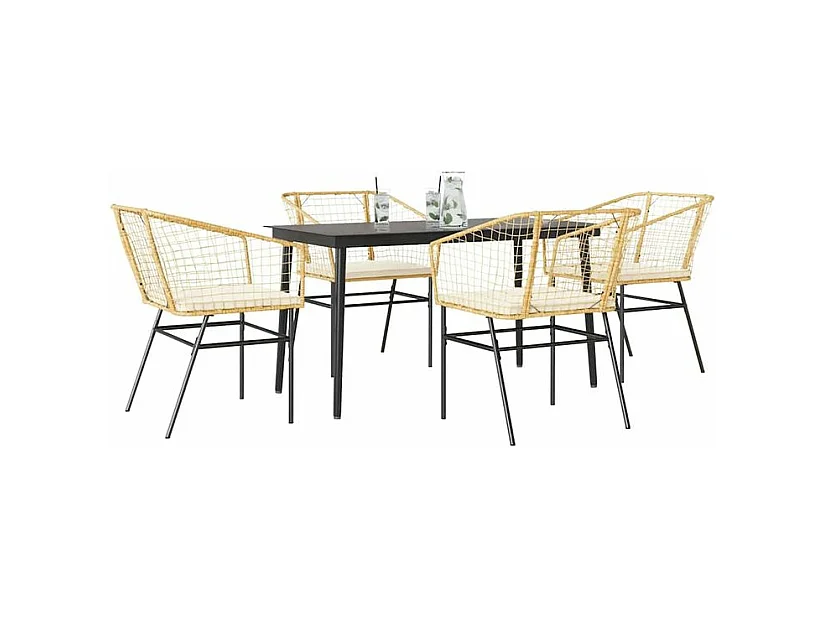 Ensemble à manger jardin coussins 5pcs marron poly rotin verre