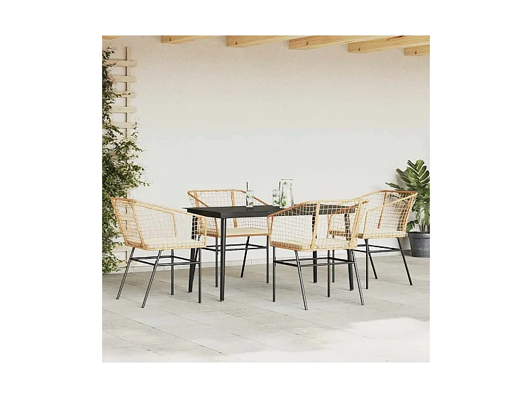 Ensemble à manger jardin coussins 5pcs marron poly rotin verre