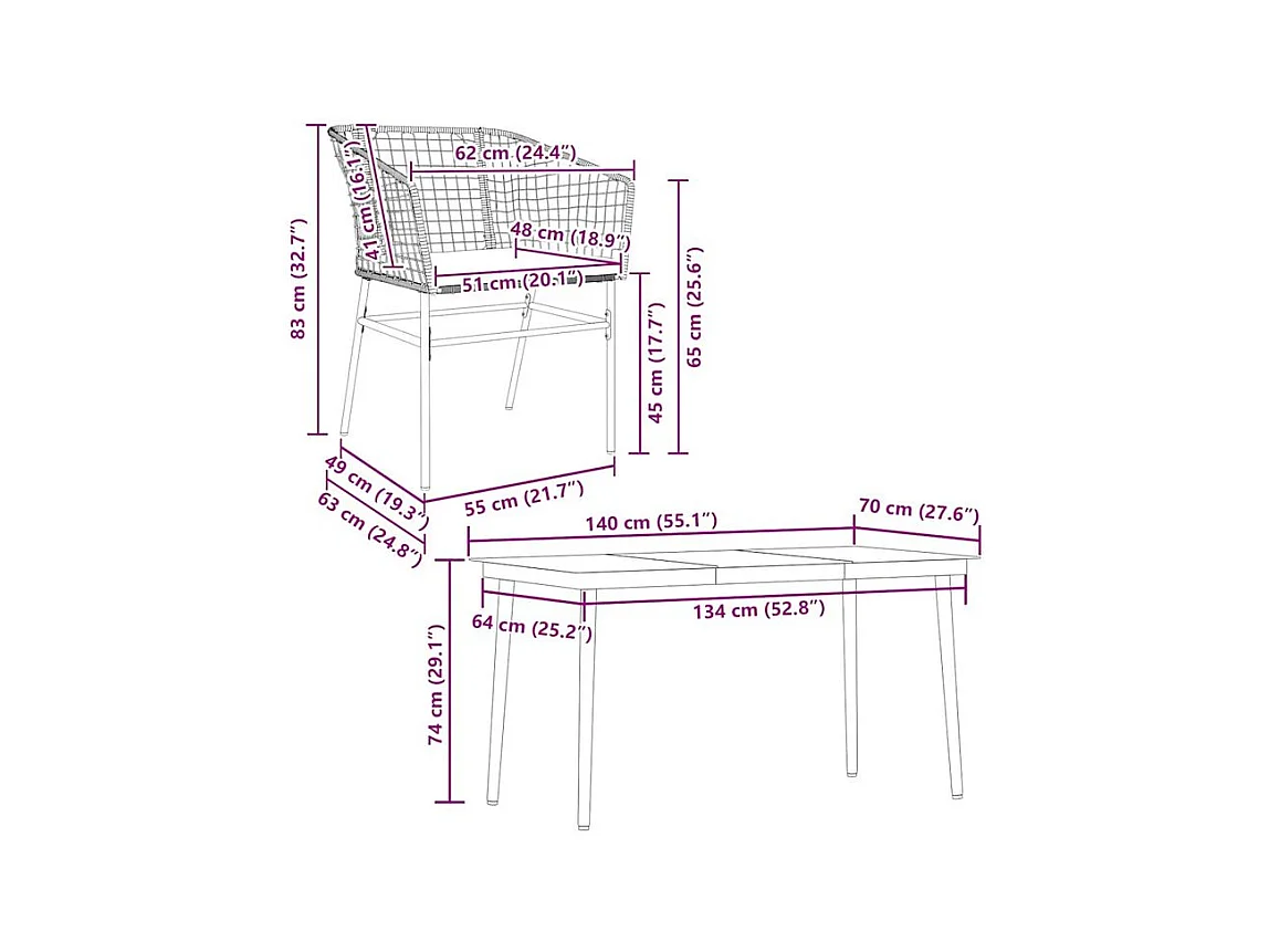 Ensemble à manger jardin coussins 5pcs marron poly rotin verre