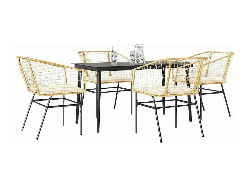 Ensemble à manger jardin coussins 5pcs marron poly rotin verre