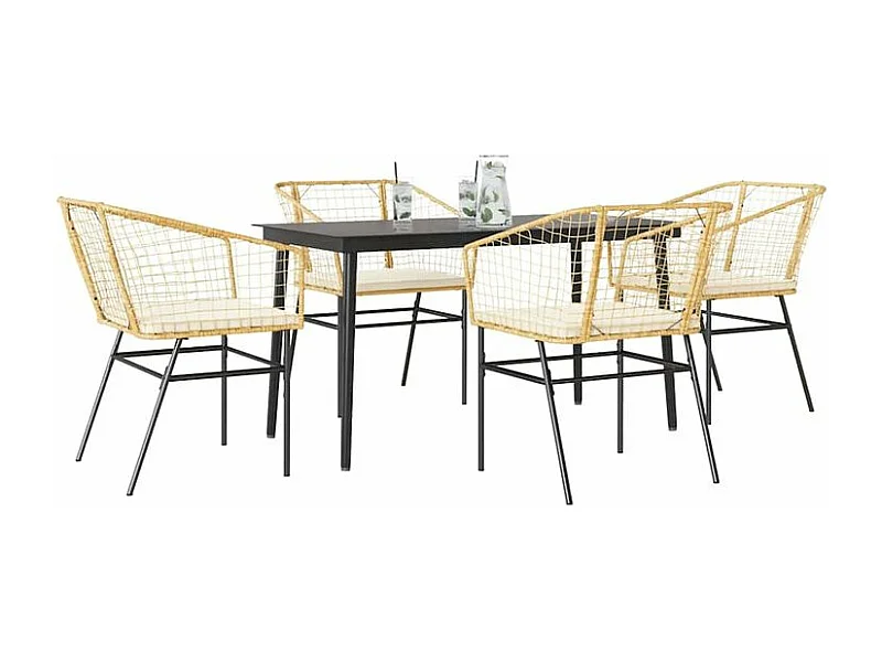 Ensemble à manger jardin coussins 5pcs marron poly rotin verre