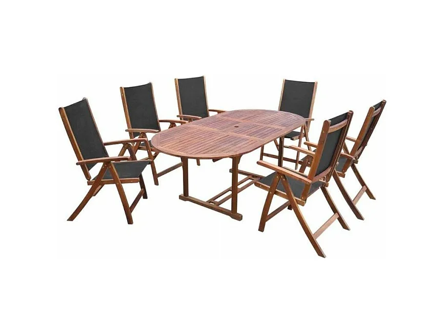 Table ovale extensible et 6 chaises de jardin acacia foncé et tissu noir Noiro