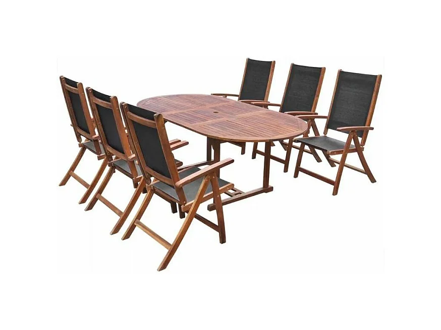 Table ovale extensible et 6 chaises de jardin acacia foncé et tissu noir Noiro