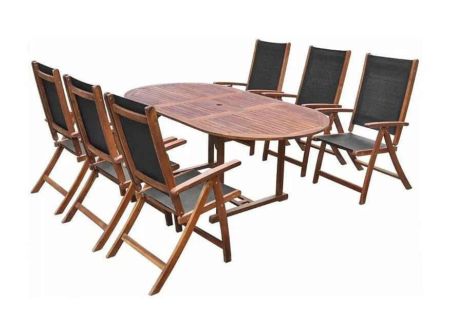 Table ovale extensible et 6 chaises de jardin acacia foncé et tissu noir Noiro
