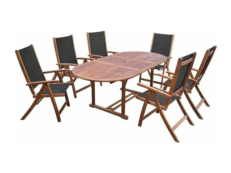 Table ovale extensible et 6 chaises de jardin acacia foncé et tissu noir Noiro