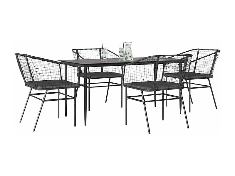 Ensemble à manger de jardin et coussins 5 pcs noir rotin verre