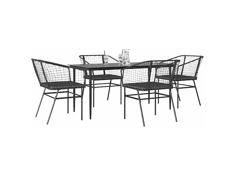 Ensemble à manger de jardin et coussins 5 pcs noir rotin verre