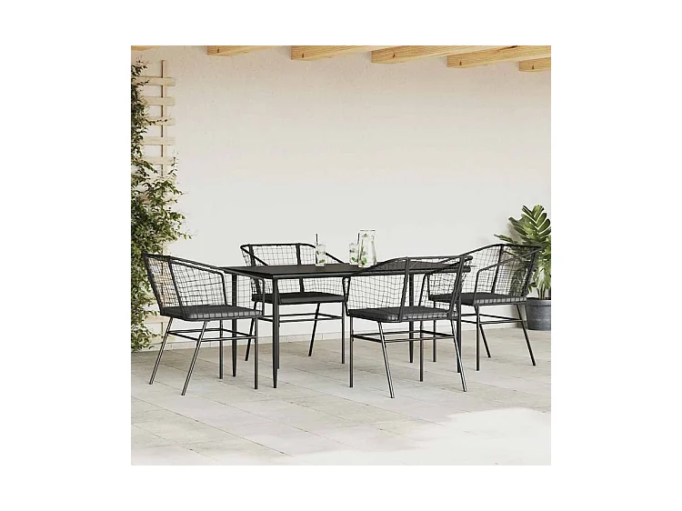 Ensemble à manger de jardin et coussins 5 pcs noir rotin verre