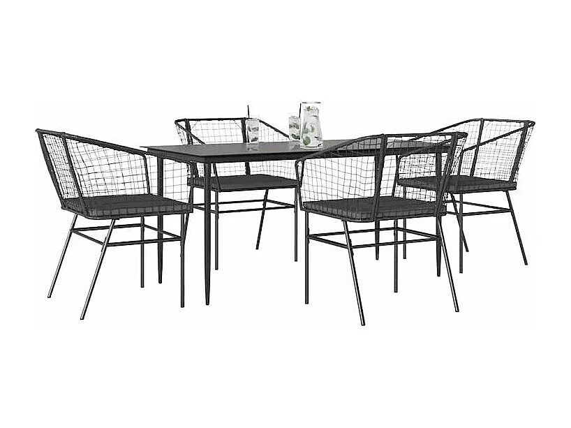 Ensemble à manger de jardin et coussins 5 pcs noir rotin verre