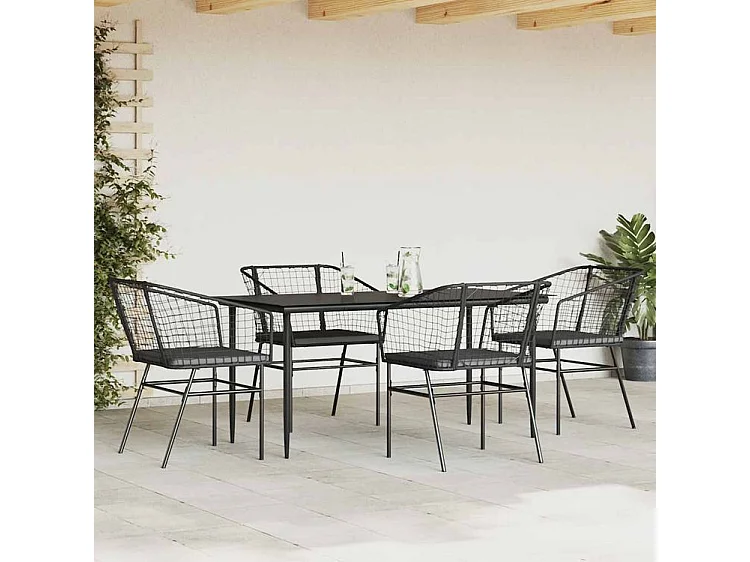 Ensemble à manger de jardin et coussins 5 pcs noir rotin verre