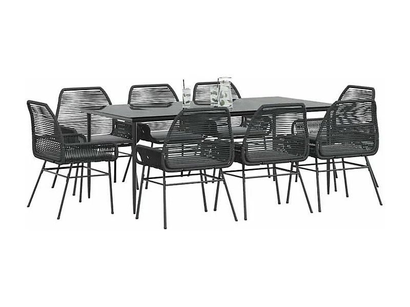 Ensemble à manger de jardin coussins 9pcs noir poly rotin verre