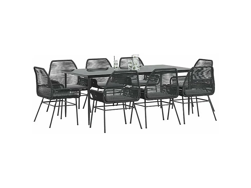 Ensemble à manger de jardin coussins 9pcs noir poly rotin verre