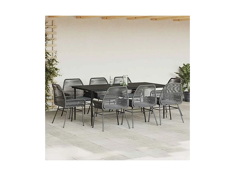 Ensemble à manger de jardin coussins 9pcs noir poly rotin verre