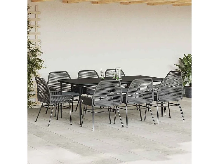 Ensemble à manger de jardin coussins 9pcs noir poly rotin verre