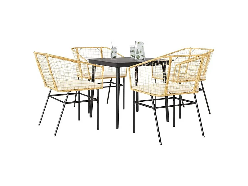 Ensemble à manger jardin coussins 5pcs marron poly rotin verre