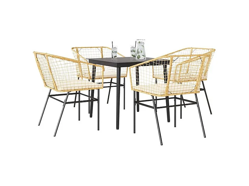 Ensemble à manger jardin coussins 5pcs marron poly rotin verre