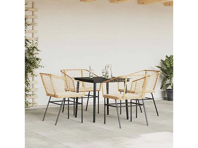 Ensemble à manger jardin coussins 5pcs marron poly rotin verre