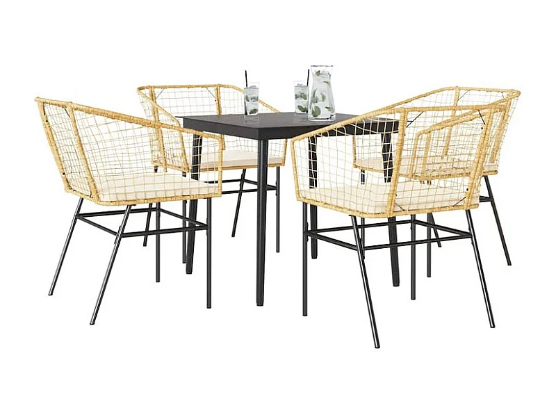Ensemble à manger jardin coussins 5pcs marron poly rotin verre