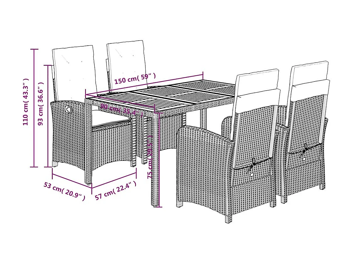 Ensemble à manger de jardin coussins 5pcs Noir Résine tressée
