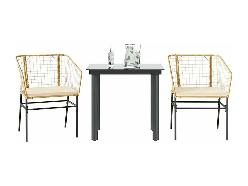 Ensemble à manger jardin coussins 3pcs marron poly rotin verre