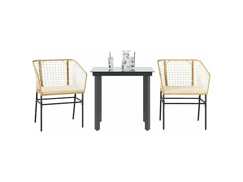 Ensemble à manger jardin coussins 3pcs marron poly rotin verre