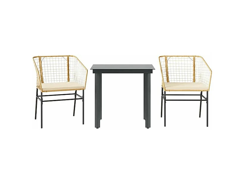 Ensemble à manger jardin coussins 3pcs marron poly rotin verre