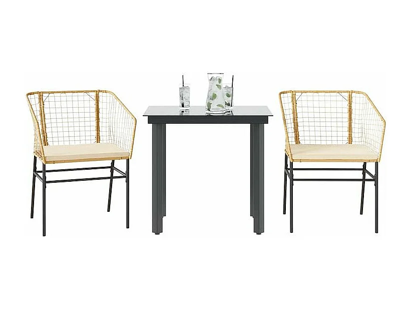 Ensemble à manger jardin coussins 3pcs marron poly rotin verre