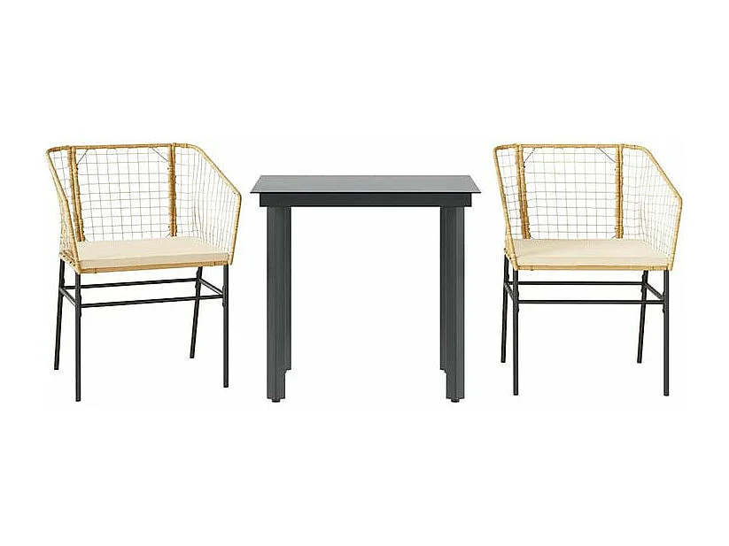 Ensemble à manger jardin coussins 3pcs marron poly rotin verre