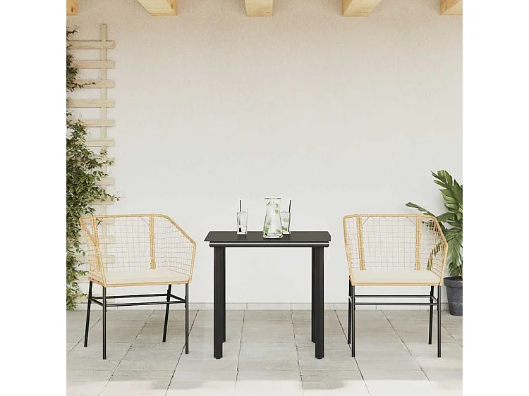 Ensemble à manger jardin coussins 3pcs marron poly rotin verre