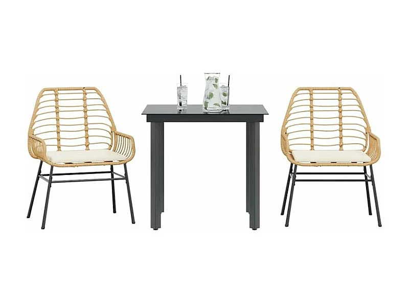 Ensemble à manger jardin coussins 3pcs marron poly rotin verre