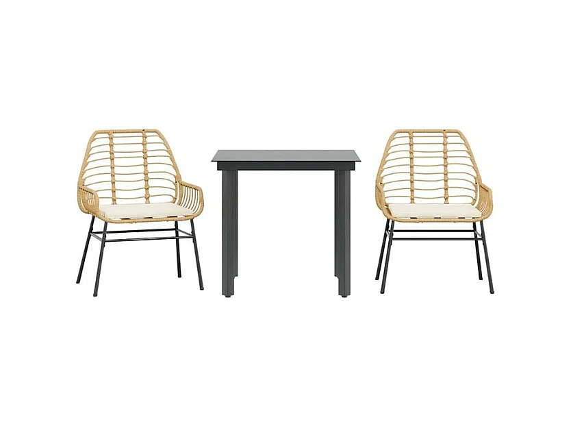 Ensemble à manger jardin coussins 3pcs marron poly rotin verre