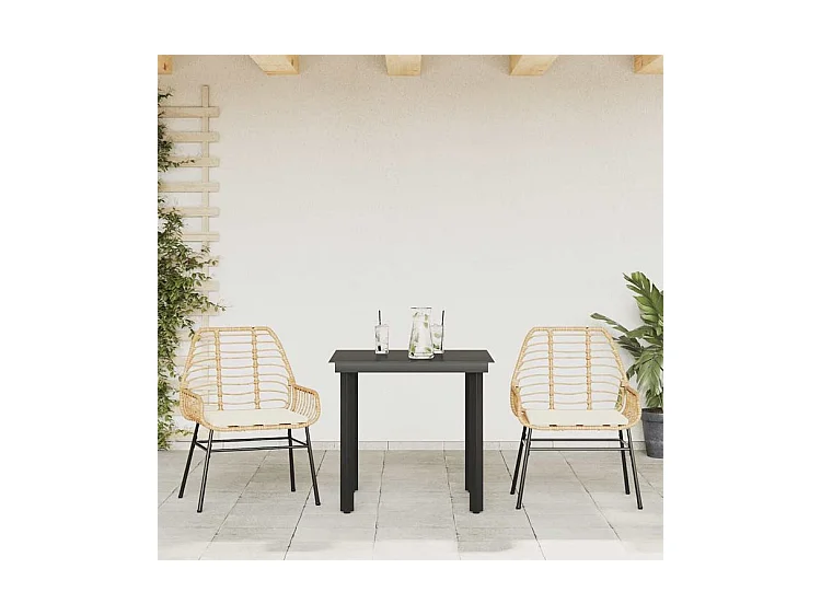 Ensemble à manger jardin coussins 3pcs marron poly rotin verre