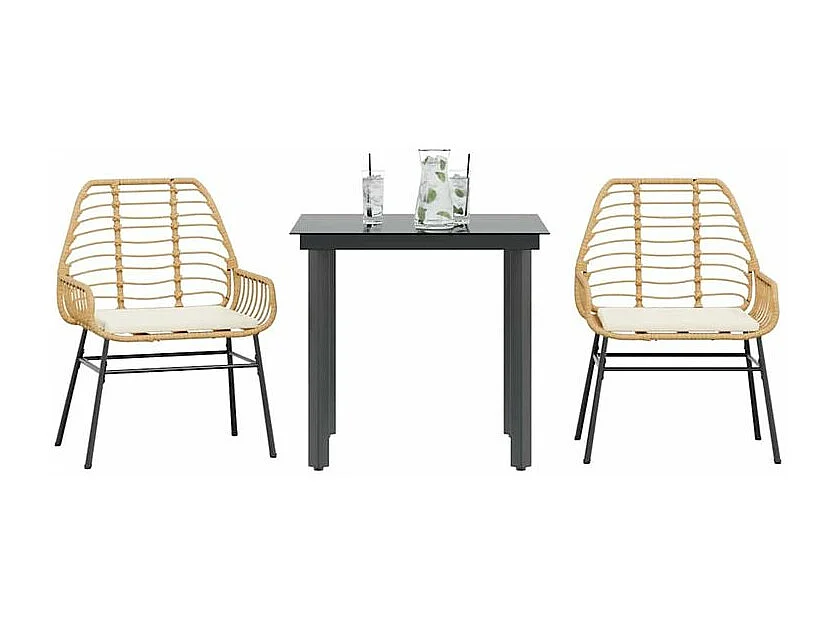 Ensemble à manger jardin coussins 3pcs marron poly rotin verre