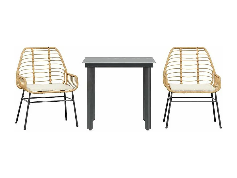 Ensemble à manger jardin coussins 3pcs marron poly rotin verre