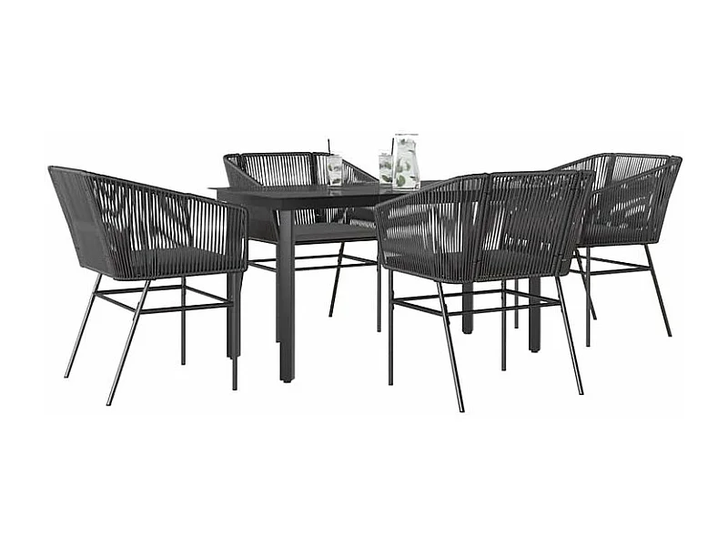 Ensemble à manger de jardin et coussins 5 pcs noir rotin verre