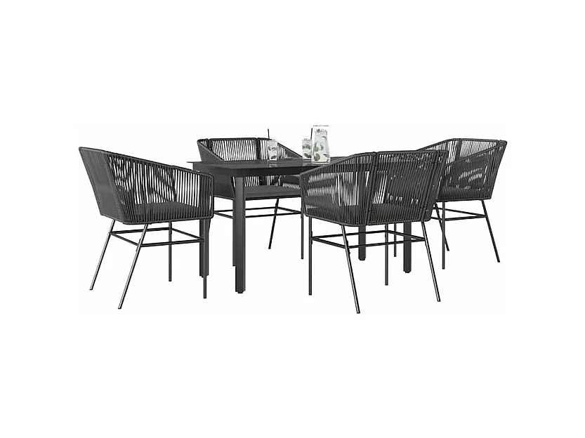 Ensemble à manger de jardin et coussins 5 pcs noir rotin verre