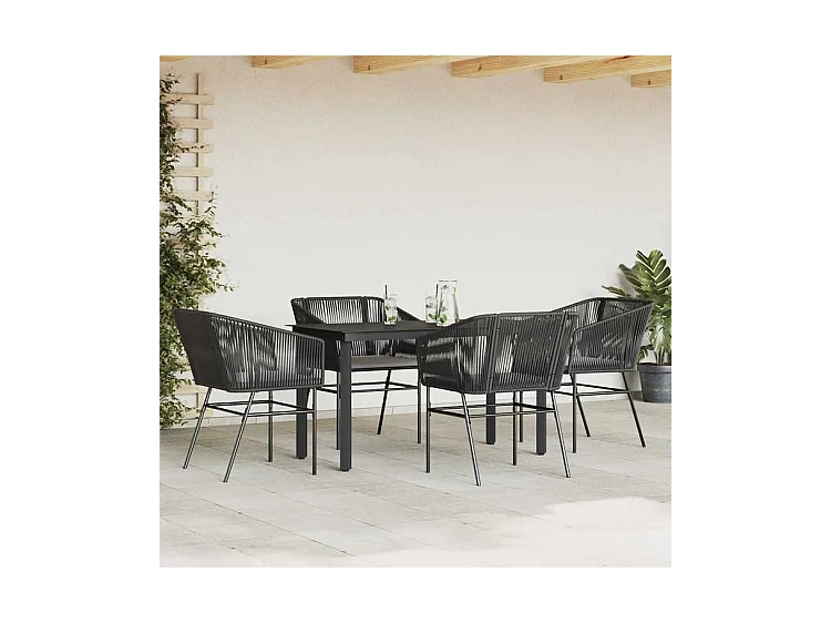 Ensemble à manger de jardin et coussins 5 pcs noir rotin verre