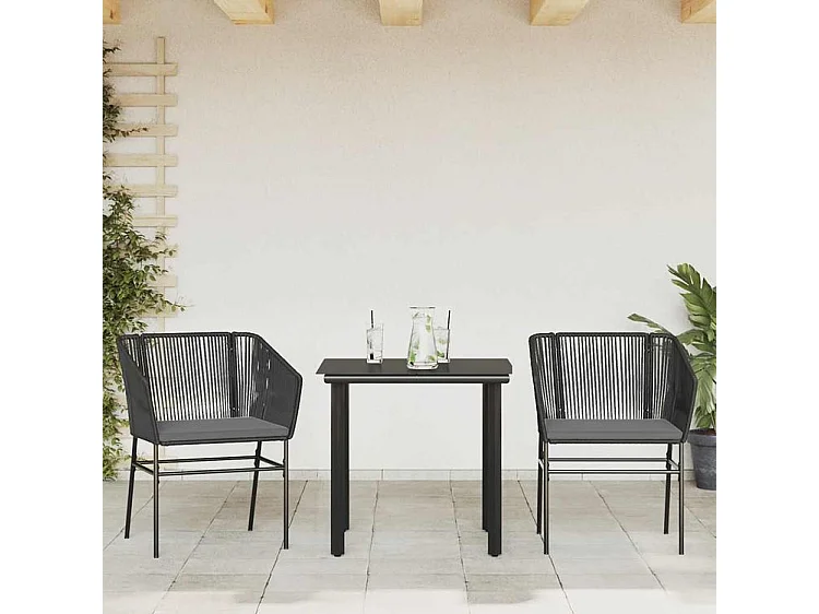 Ensemble à manger de jardin et coussins 3 pcs noir rotin verre