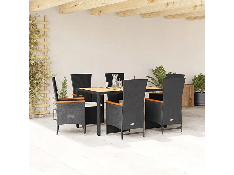 Ensemble à manger de jardin coussins 7pcs Noir Résine tressée