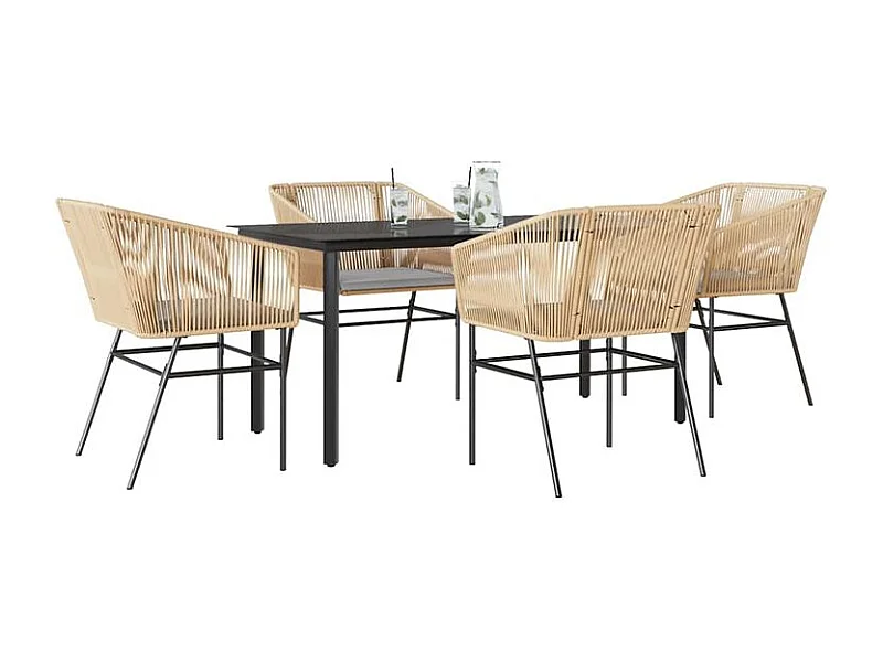 Ensemble à manger jardin coussins 5pcs marron poly rotin verre