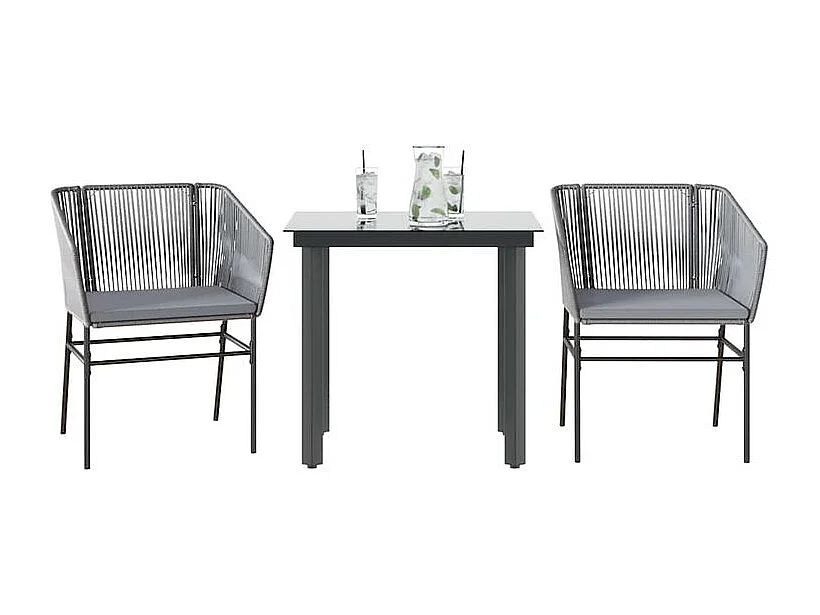 Ensemble à manger jardin coussins 3 pcs gris poly rotin verre