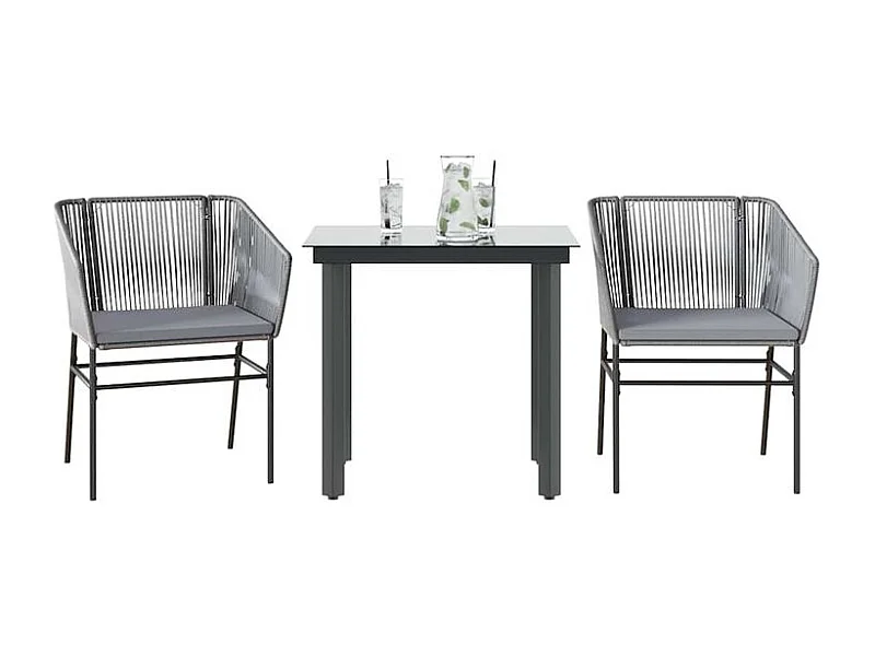 Ensemble à manger jardin coussins 3 pcs gris poly rotin verre