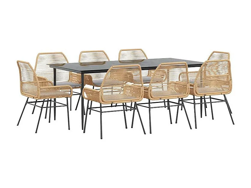 Ensemble à manger jardin coussins 9pcs marron poly rotin verre