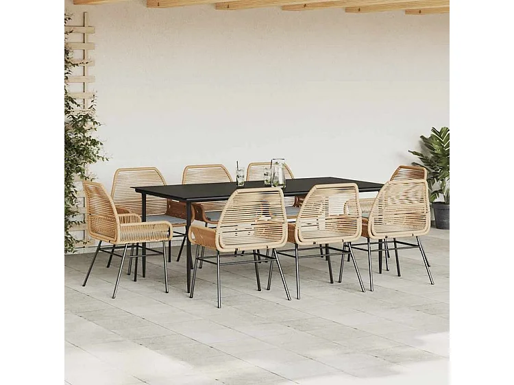 Ensemble à manger jardin coussins 9pcs marron poly rotin verre