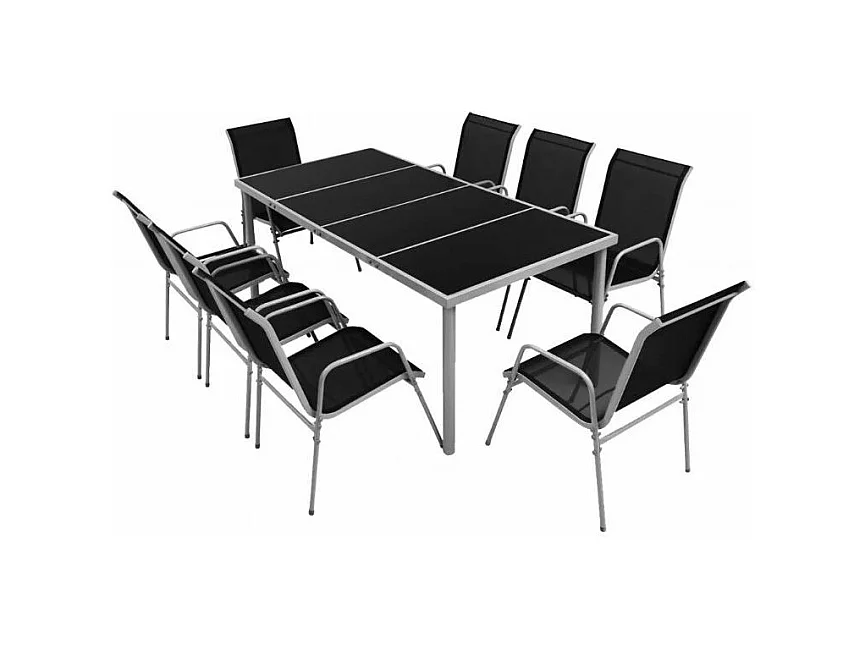 Table rectangulaire et 8 chaises de jardin métal gris et noir Bachra