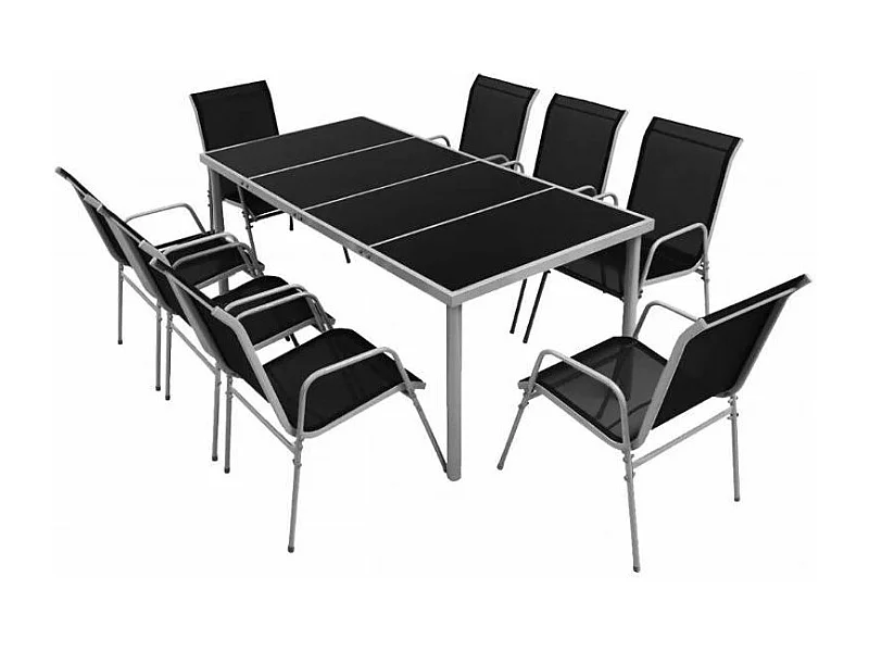 Table rectangulaire et 8 chaises de jardin métal gris et noir Bachra