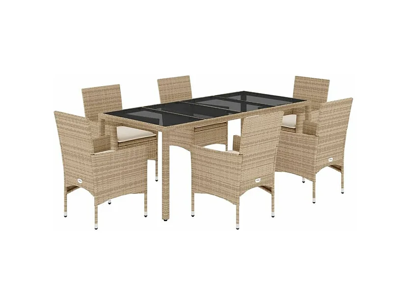 Ensemble à manger de jardin et coussins 7 pcs beige rotin verre