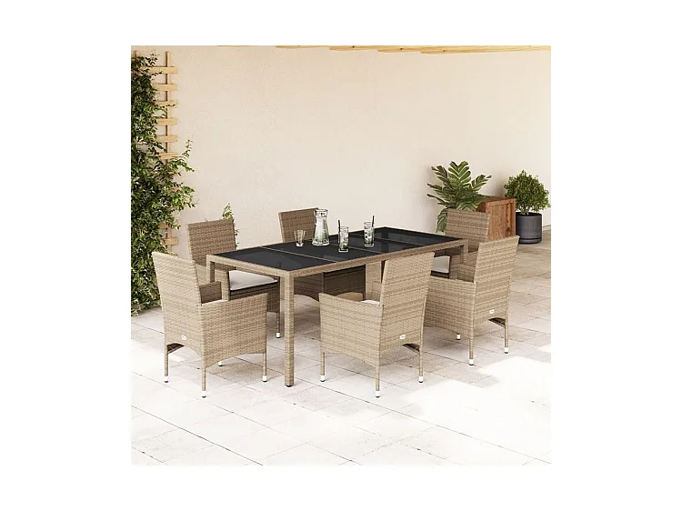 Ensemble à manger de jardin et coussins 7 pcs beige rotin verre