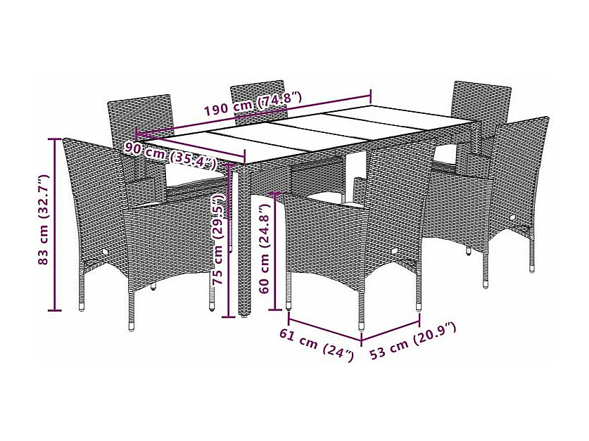 Ensemble à manger de jardin et coussins 7 pcs beige rotin verre