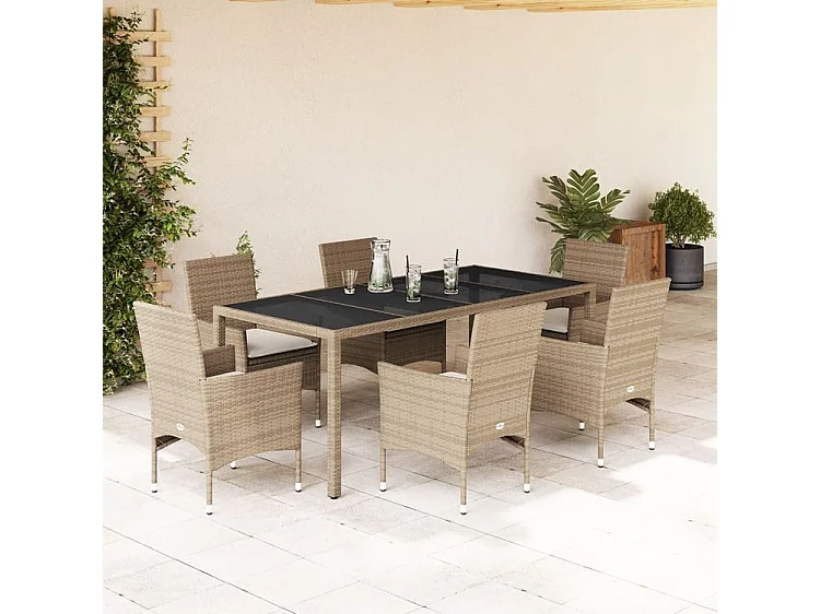 Ensemble à manger de jardin et coussins 7 pcs beige rotin verre